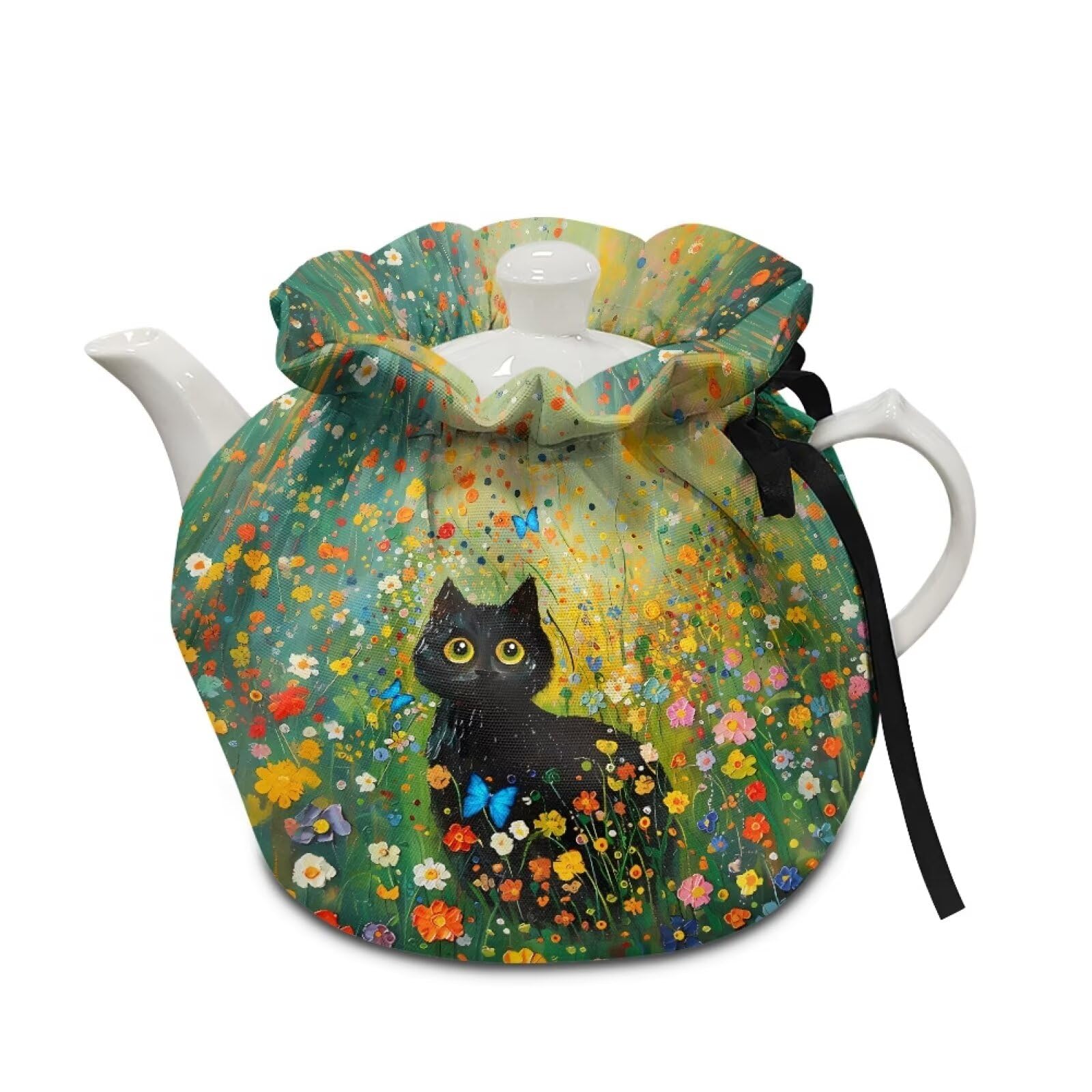 Xoenoiee Black Cat Vibrant Flower Print Tea Pot Cosy Cotton Tea Cozy for Teapots Dust Cover Insulated Kettle Cover Teapot Warmer for Home Kitchen Decorative Accessories