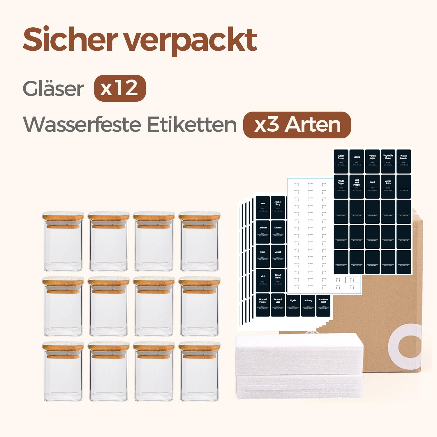 ComSaf Gewürzgläser Eckig 12 x 240 ml, Gewürzgläser aus Glas mit Bambusdeckel, Luftdichte Gewürzbehälter mit 54 Etiketten, für Gewürze, Tee, Vorräte, Vorratsschrank und Küche