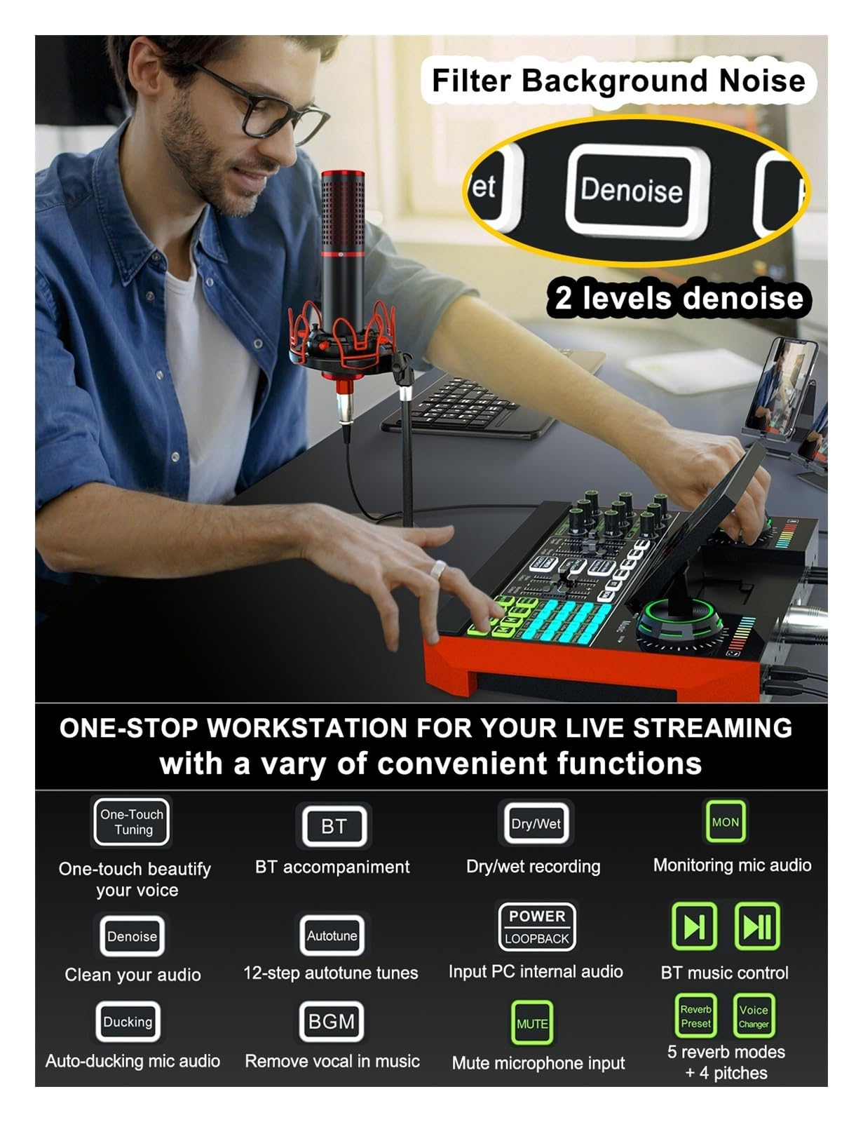 Micrófono de estudio Interfaz de audio USB Podcast Equipment Bundle Mixer & Vocal Effects, G10 Sound Card Board Voice Changer, DJ Mixer for Live Stream Mantenga la voz nítida