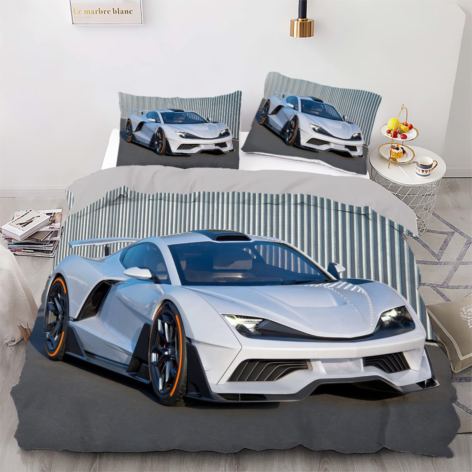 Housse de couette 160x200 voiture blanche douce et facile à laver fermeture éclair