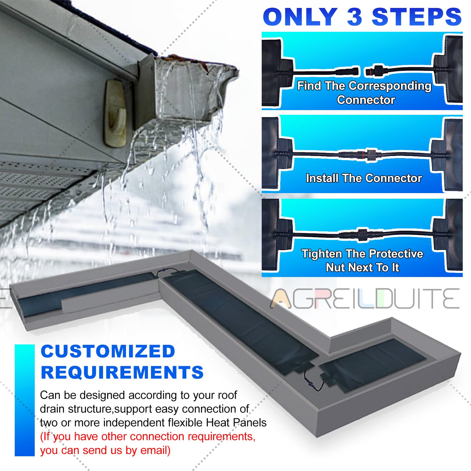 Tapis Chauffant pour Fonte Neige, 50℃/122℉,Ruban Chauffant Flexible en PVC pour Gouttières/Tuyaux Descente, 75-760 cm, Kit Dégivrage Extérieur, avec Accessoires Fixation,610cm/20ft