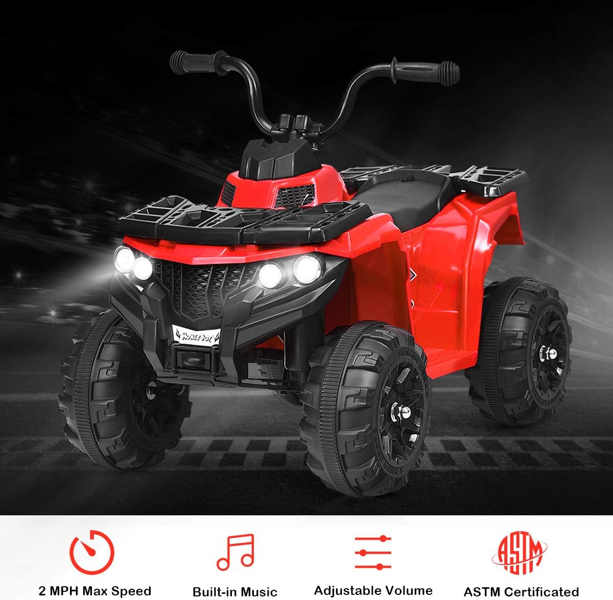 Infographic highlighting key features of the HONEY JOY 6V Ride On ATV: 2 MPH Max Speed, Built-in Music, Adjustable Volume, and ASTM Certification.