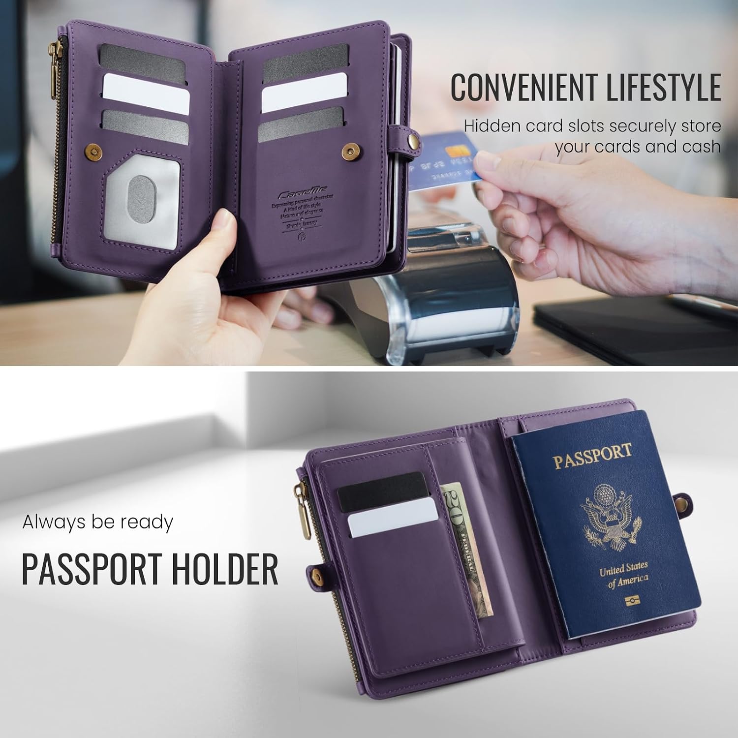 Passport Holder Wallet, RFID Blocking Travel Organizer with 12 Card Slots, Zippered Coin Pocket & Detachable Wrist Strap Secure Magnetic Closure Passport Case for Men & Women (Purple)