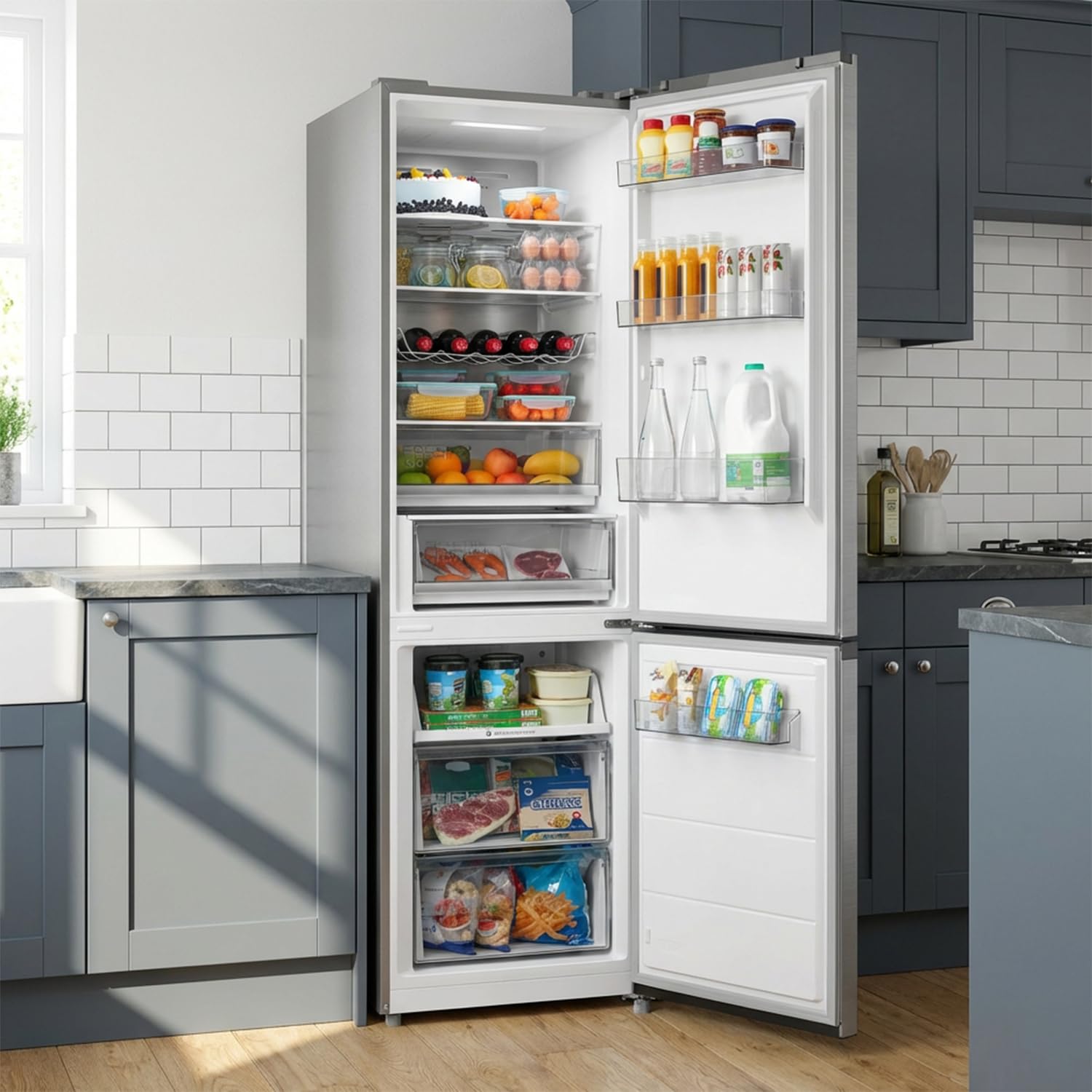 Midea 378L Kühlschrank mit Gefrierfach,201cm,29dB,EEK A,NoFrost,DualCooling | Inverter Kompressor, Metal Cooling, 256L Kühlteil+122L Gefrierteil, 113 kWh/Jahr, Frischezone,180° flip shelf