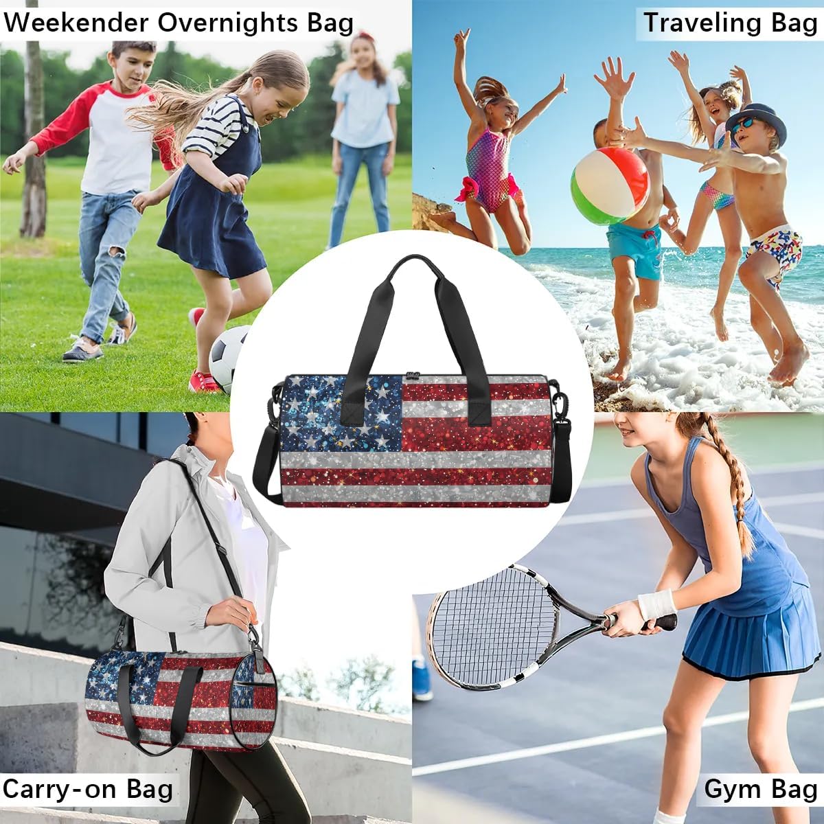Travel Duffel Bag Glitter American Flag Sports Gym Bag for Womens Mens, Waterproof Weekend Overnight Bags Lightweight Carry on Bags for Airplanes Yoga Dance Beach Swim Hospital Holdalls,A-2239
