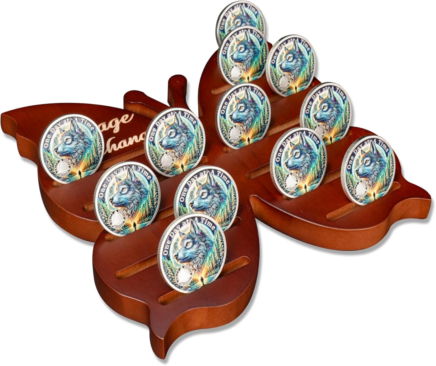 Recovery Butterfly Sobriety Coin Holder - Courage to Change AA Coin Display Case - Black Solid Wood AA Chips and Medallions Rack Stand - 7 Row 20 Token Celebrate Milestone Alcoholics Anonymous Gifts