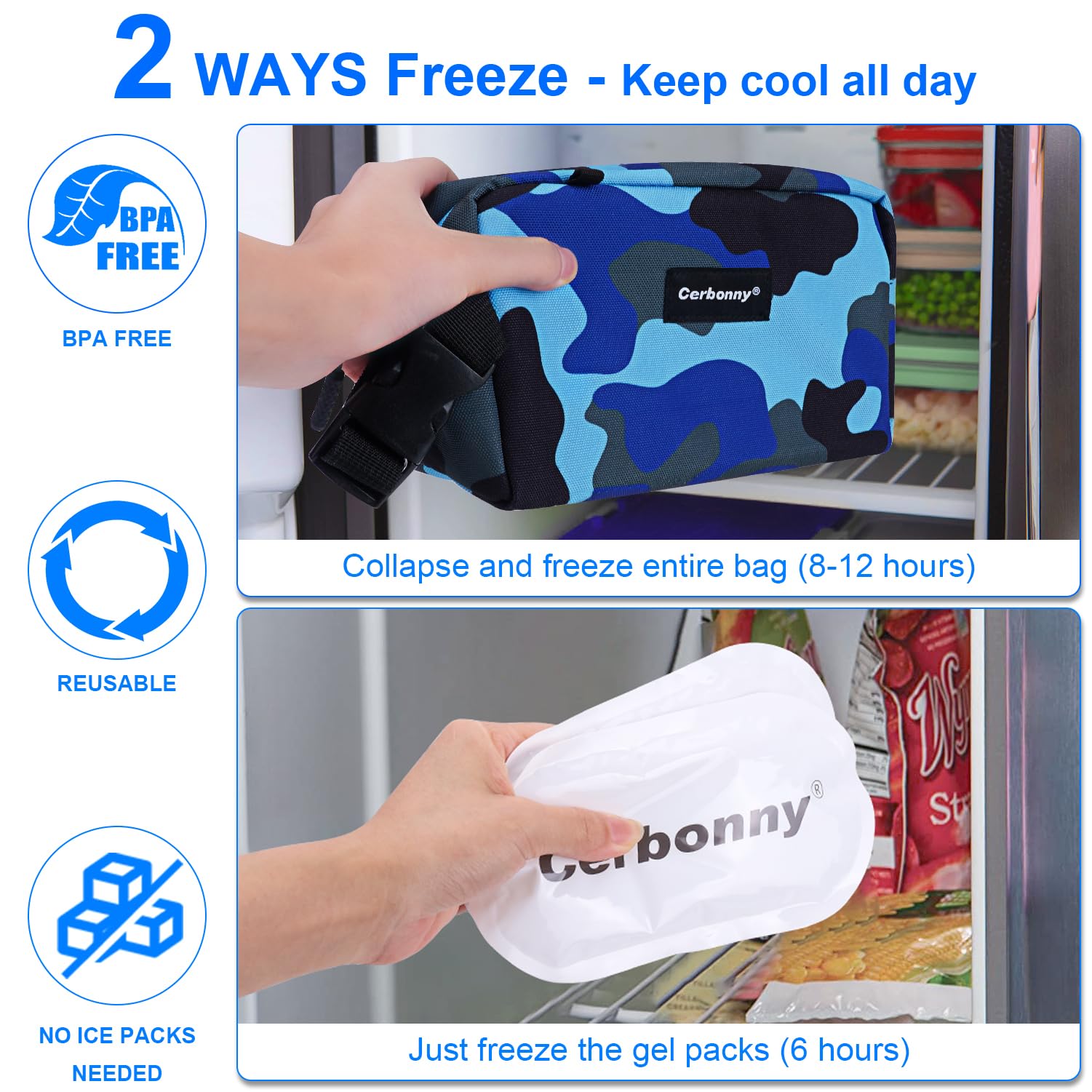 Cerbonny Small Cooler Bag Freezable Lunch Bag for Work School Travel,Small Insulated Bag for Kids/Adults,Freezer Lunch Bags,Mini Lunch Bag Fit for Yogurt,Suit for 3+(Blue camo) - Image 3
