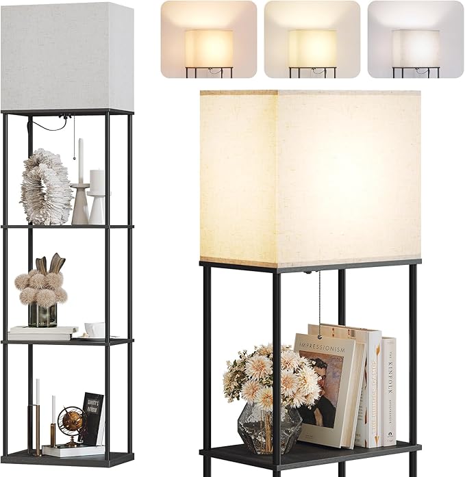 SUNMORY Floor Lamp with Shelves, Modern Square Shelf Lamp, Display Shelf Standing Lamp with 3 Color Temperature Bulb, Corner Bookshelf Lamp for Living Room and Bedroom Office, Home Decor