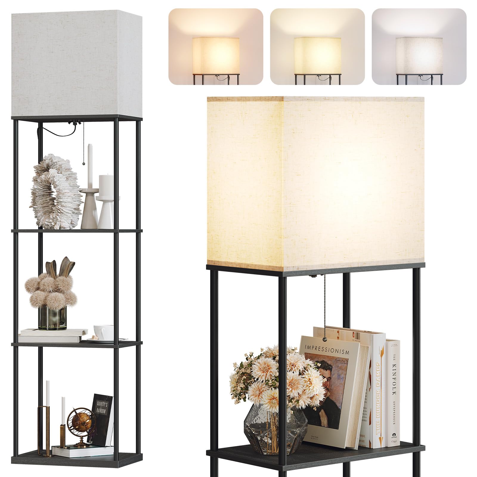 SUNMORY Large Size Floor Lamp with Shelves 4-Tier Modern Standing Lamp with 3 Color Temperature Bulb Tall Floor