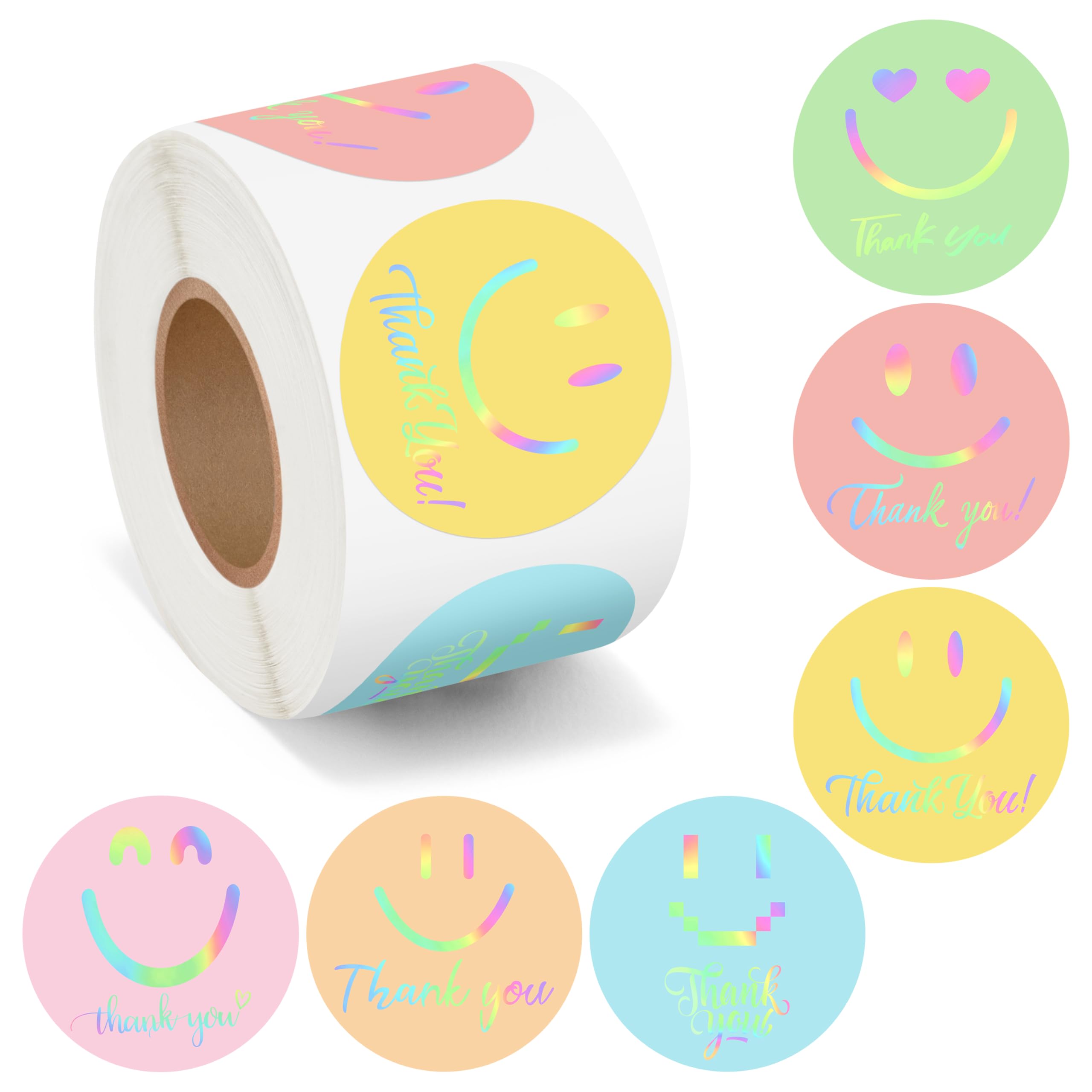 500Pcs Smile Thank You Stickers Roll Holographic Pastel Adhesive Labels for Small Business Packing Envelope Seals Handmade Crafts Gift Wedding Baby Shower Party Favors Greeting Cards, 1.5 Inch