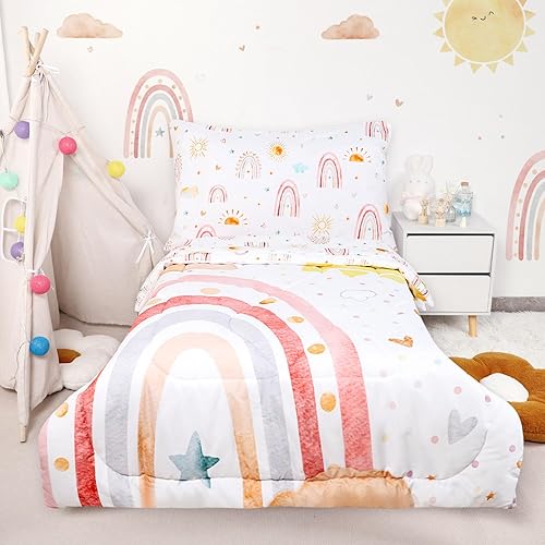 Miniatura 7 de CARUILI Juego de ropa de cama infantil de 4 piezas para niñas, juego de edredón bohemio de arco iris, ultra suave y transpirable, incluye edredón