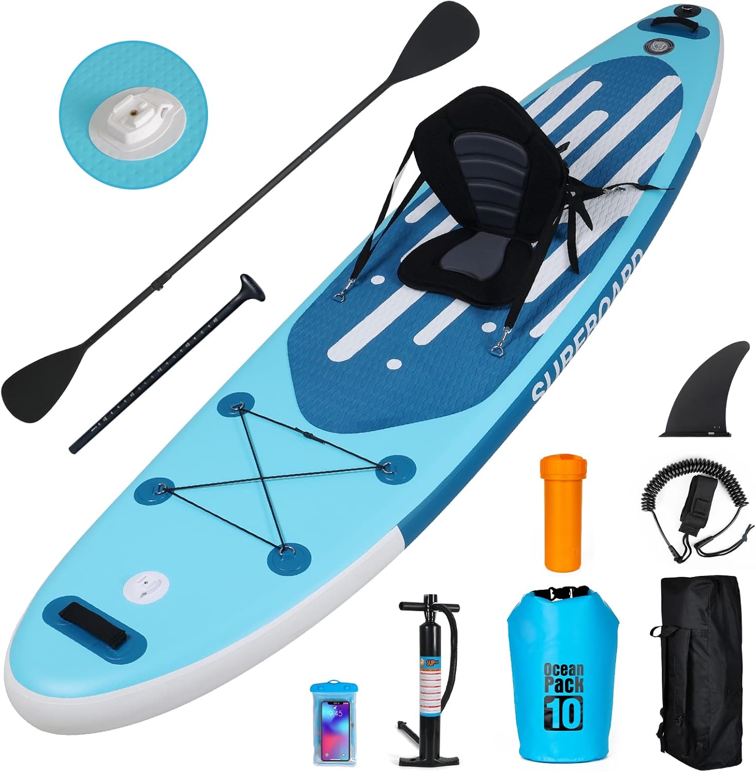 YUSING 11′ Inflatable Stand Up Paddle Board with Kayak Seat, Non-Slip Deck SUP Paddle Board with Premium Kayak and SUP Accessories & Backpack, Portable Standing Boat for Youth & Adult