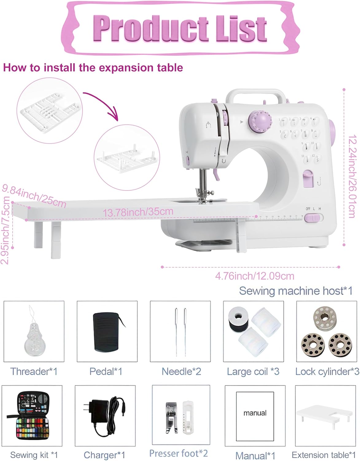 Portable Sewing Machine for Beginners with Extension Table, 12 Stitches 2 Speeds, Mini Electric Sewing Machine with 42PCS Kit, Dual Power Small Handheld Sewing Machine for Home Purple Maquina de Coser