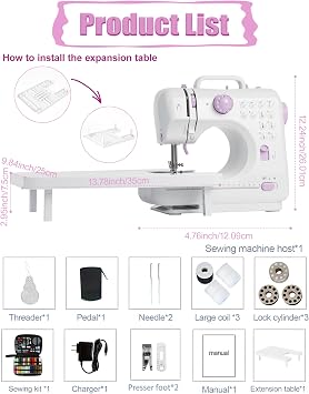 Portable Sewing Machine for Beginners,Maquina de Coser,Table and Kit,Purple | With Extension Table,42PCS Sewing Kit, 12 Stitches,2 Speeds, Foot Pedal, Dual Power, Mini Electric