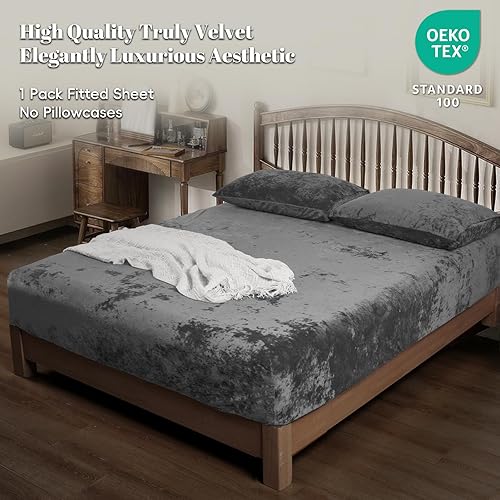 Miniatura 2 de PHF Sábana bajera de terciopelo Truly Velvet tamaño Queen, lujosa sábana inferior de forro polar supersuave y acogedora con bolsillo profundo de