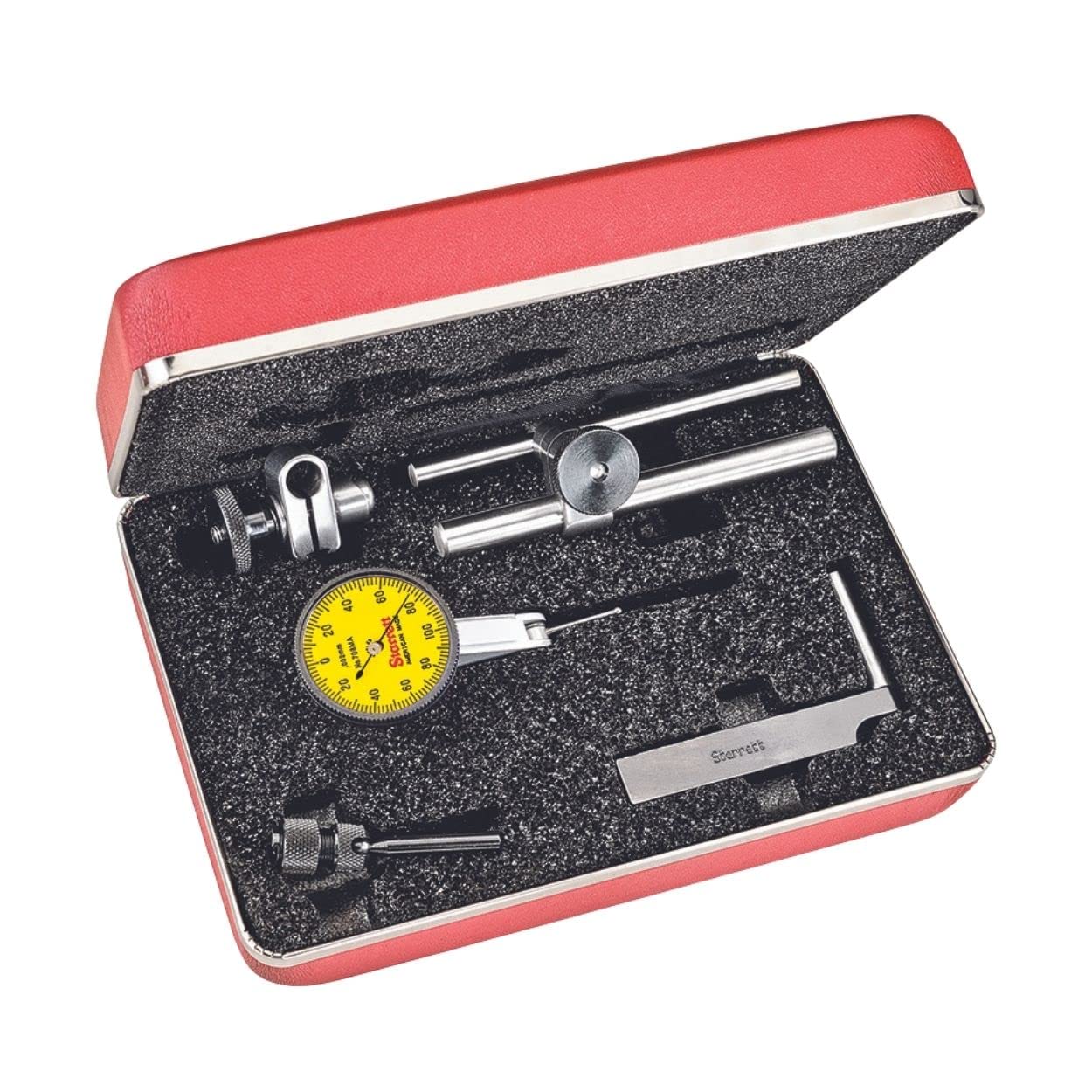 Starrett Dial Test Indicator with Dovetail Mount, Accessories and Case - 1-1/4" White Dial Face, .030" Range, 0-15-0 Dial Reading, .0001" Graduation - 3809AC