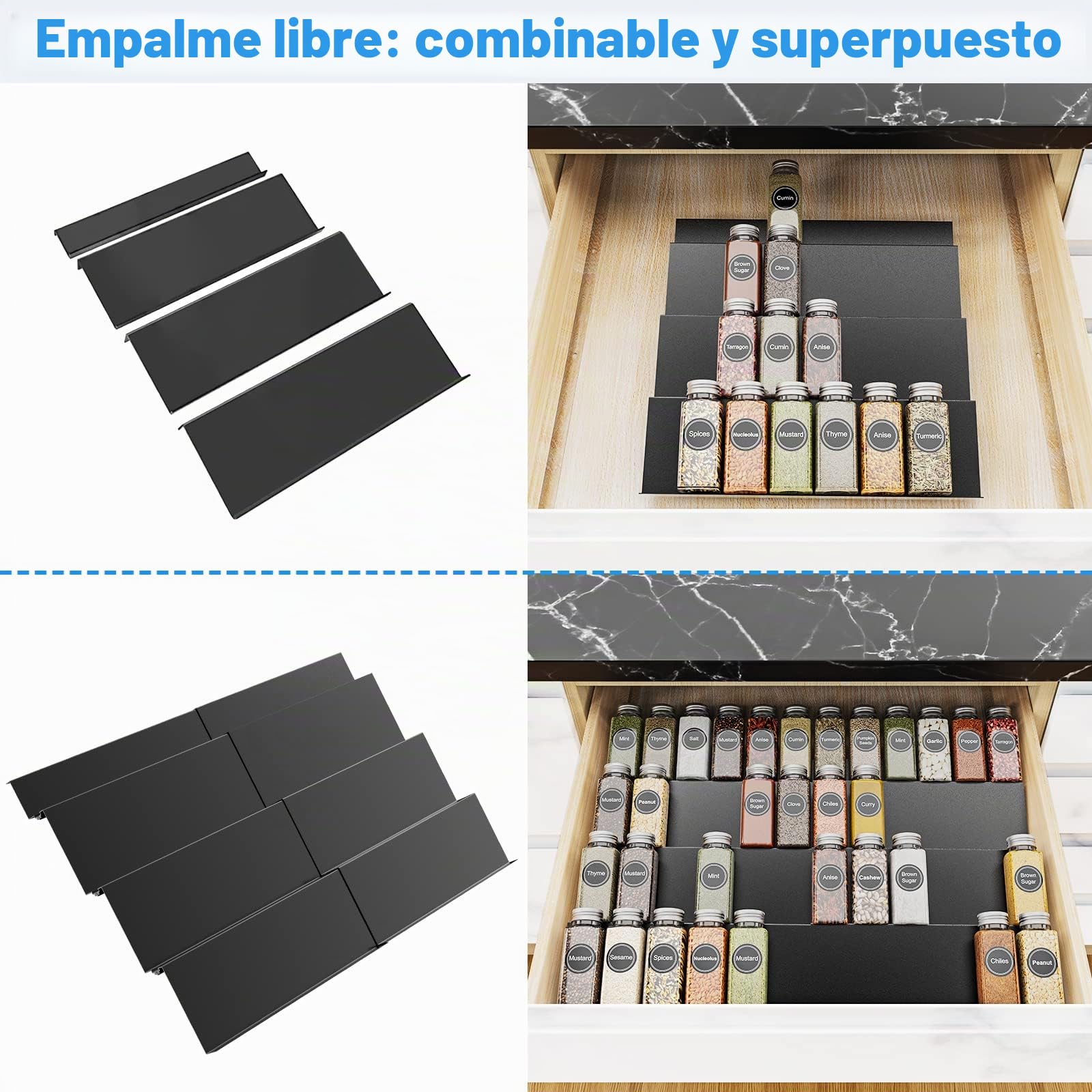Especiero de Cajón, Especieros para Cocina en 4 Niveles, Organizador de Especias de 29 cm a 58 cm, Inserto de Especias para Diferentes Anchos de Cajones - Negro, Aluminio