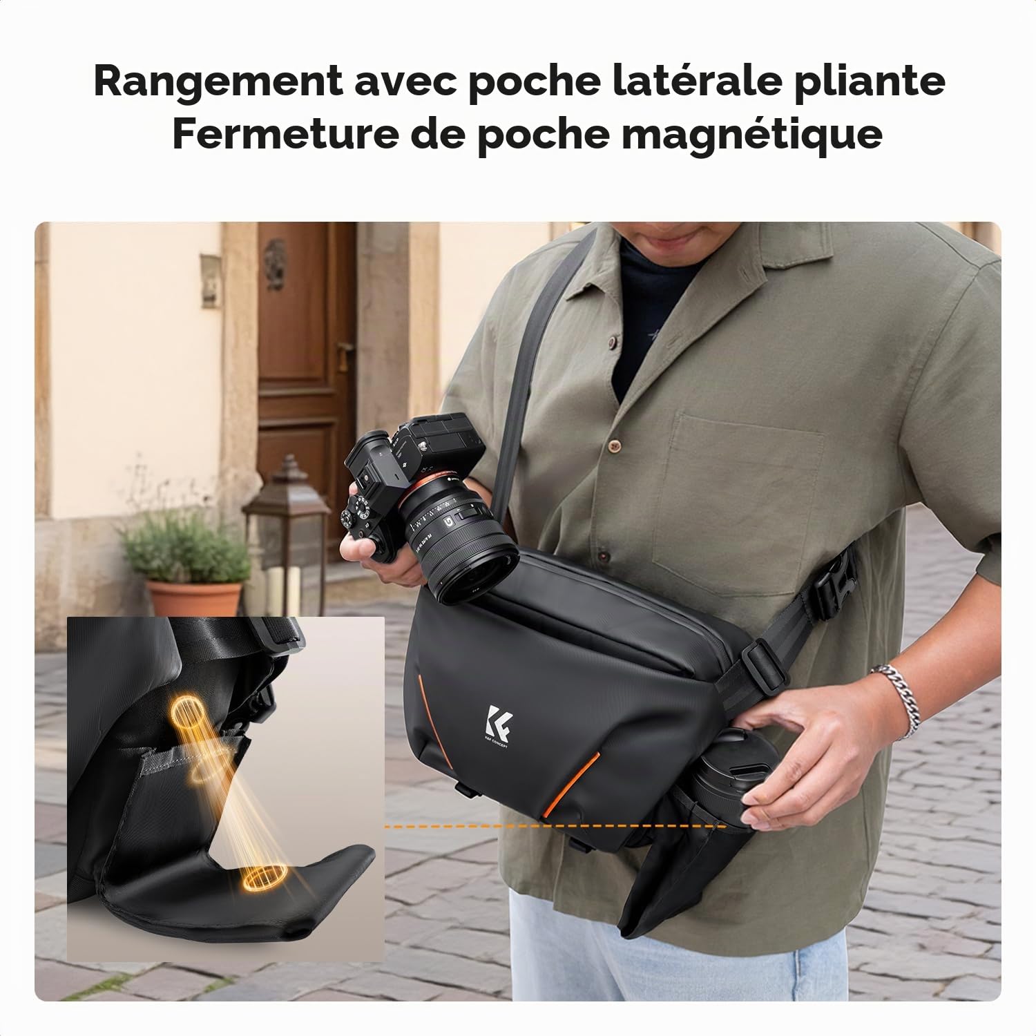 K&F CONCEPT Sac à Bandoulière pour Appareil Photo | Sac Photo avec Poche Avant Semi-Ouverte. Compatible avec Les Appareils Photo et Les Objectifs, Noir-BS19