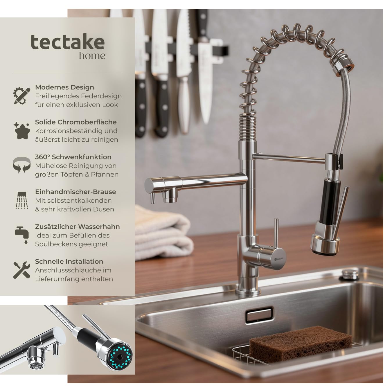 tectake® Küchenarmatur, Mischbatterie Spültischarmatur, Waschtischarmatur, Küchenarmaturen für Spüle, Spülbecken, Küchenspüle, Wasserhahn Küche ausziehbar mit Schlauch, Küche Wasserhahn