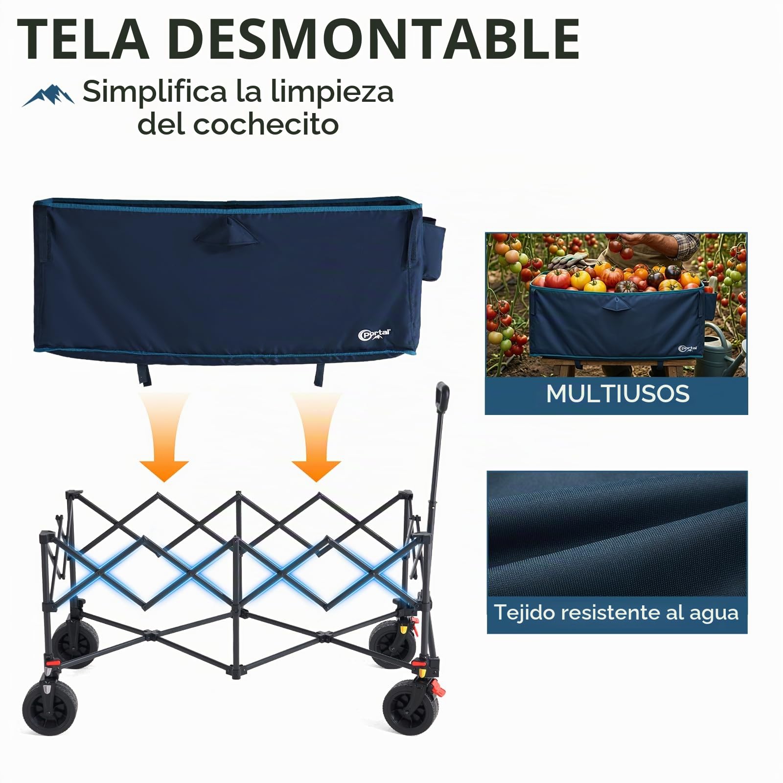Portal Carro de Playa Plegable 300L XXL Carrito de Camping con Frenos y Mango Ajustable Vagoneta de Jardín Resistente Carga 150KG Ruedas para Festivales Picnic y Transporte