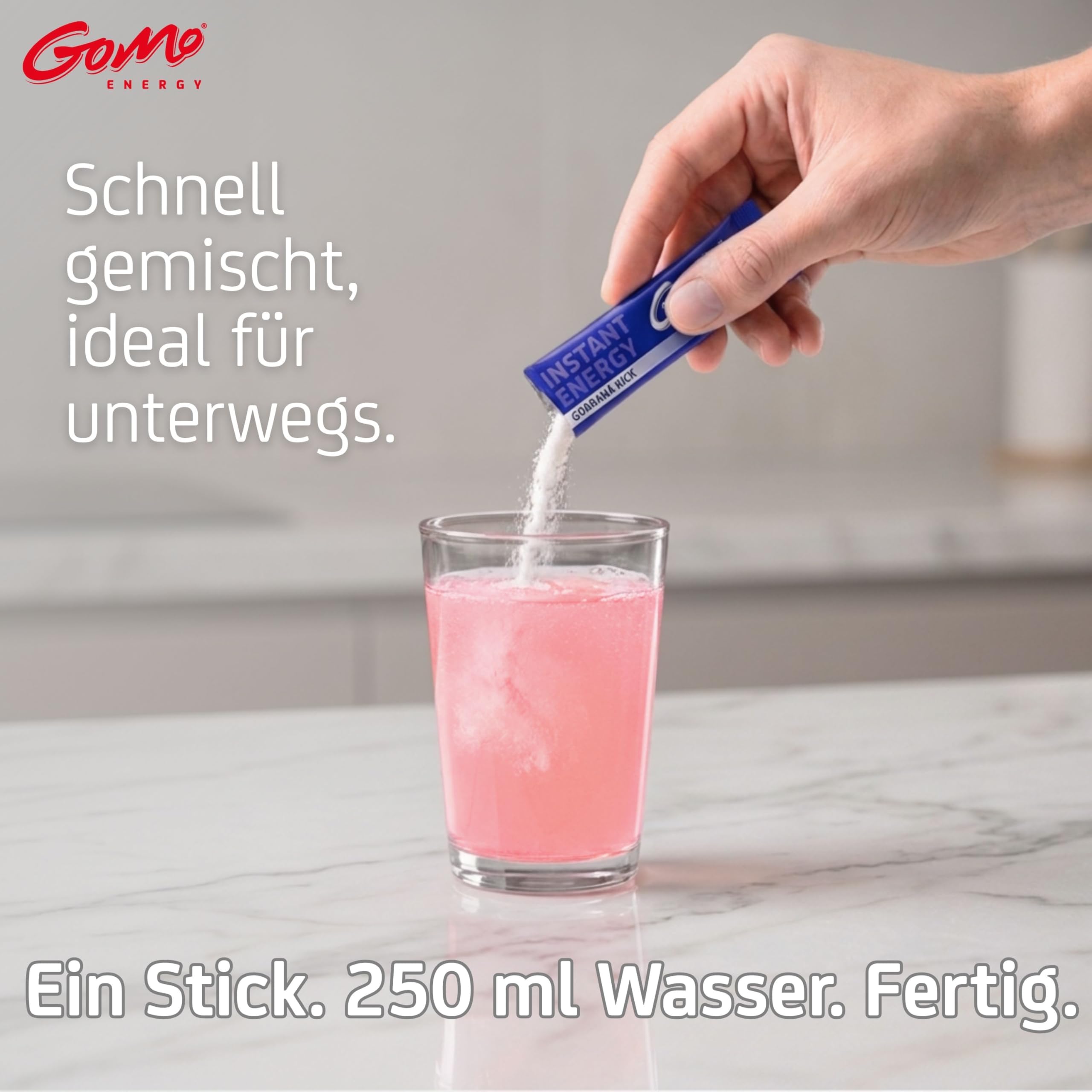 GoMo ENERGY – Instant Energy Getränkepulver mit Guarana, Koffein, Taurin & Vitamin-B-Komplex – zuckerfreier Instant Energy Drink – Wachmacher mit Energy Geschmack (Guaraná Kick) (100 Stk)
