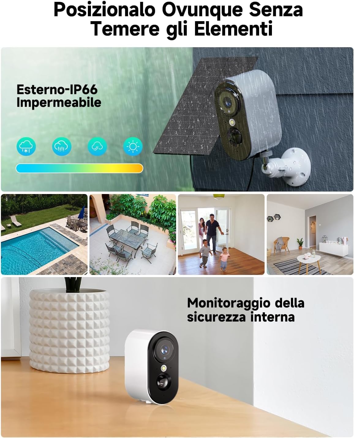 Telecamera di sorveglianza esterna 2K batteria con pannello solare – telecamera di sorveglianza esterna Wi-Fi con visione notturna colorata, telecamere senza fili esterni/interni, rilevamento