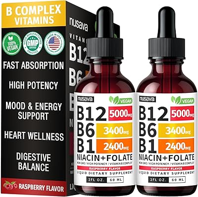 2 Pack Vitamin B12 and B6 Liquid Drops, B12 Sublingual Vitamin B Complex - B 12 Vitamin 5000mcg - B12 Methylcobalamin for Energy, Brain, and Heart Support with 27,200 mcg, Raspberry, 80 Servings