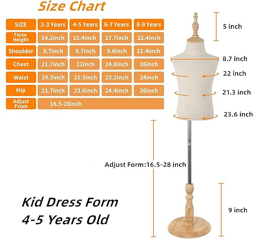 Miniatura 5 de Maniquí infantil, forma de vestido para niños con base de madera, formas ajustables de busto corporal para niña y niño, para ropa, bufanda, ventana,