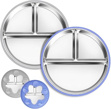 2 Pack Stainless Steel Kids Plates, 9 Divided Baby Plates with Suction, Removable Toddler Plates with Silicone Sleeve, Non Toxic & BPA Free, Dishwasher & Microwave Safe