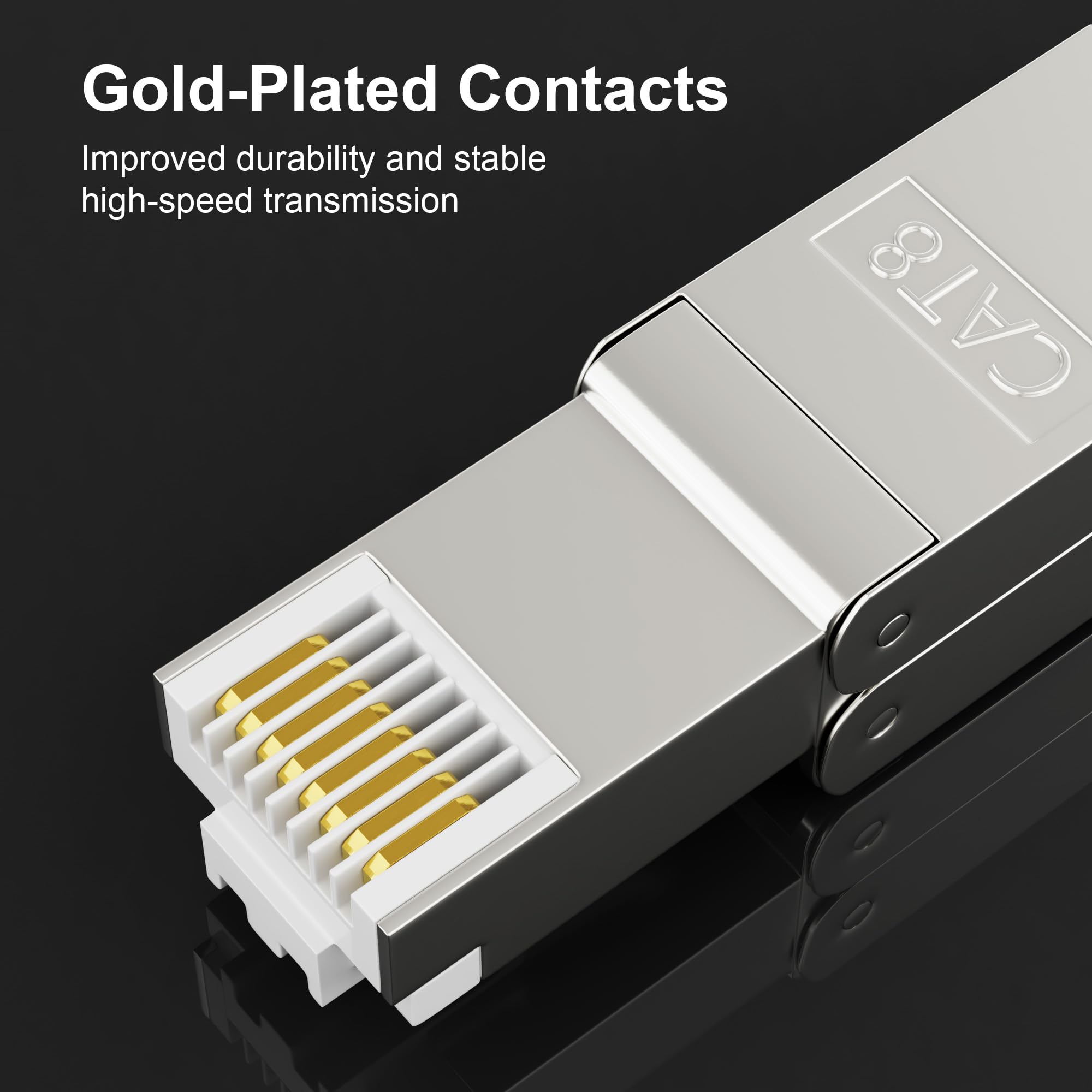 Syston - Connettori RJ45 Cat 8, confezione da 8 pezzi, connettori per cavo Ethernet, estremità Cat8, connettori Ethernet RJ45, connettori di rete, terminali placcati oro 50u, argento