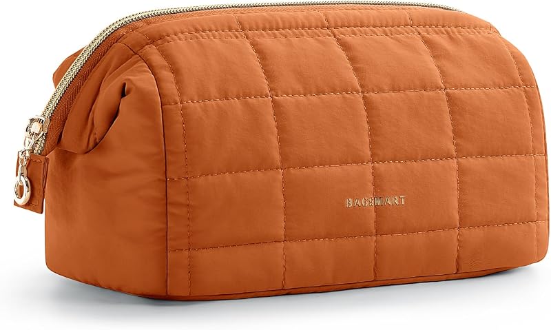 BAGSMART Neceser de Maquillaje Neceser de Viaje, Bolsas de Maquillaje Acolchadas Hinchadas para Mujer Estuche Organizador de Maquillaje, Bolsa Ampliamente Abierta, Neceser de Viaje, Artículos de tocador, Accesorios, Cepillos, Naranja Óxido