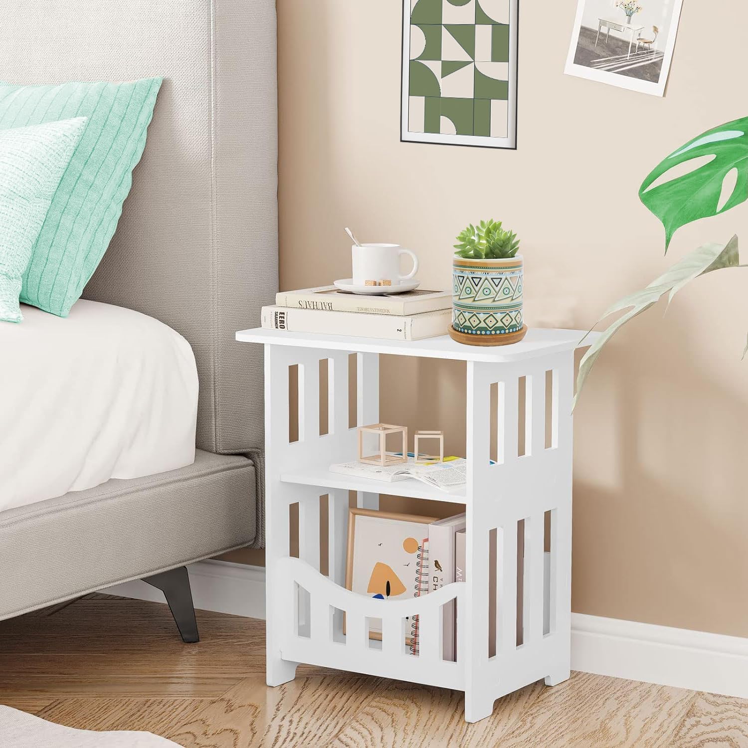 End Table with Storage Shelf Basket, Small White Narrow Bedside Table, Modern Slim Coffee Tables Small Spaces, White Nightstand, Sofa Table for Living Room, Bedroom, Bathroom, Office Furniture