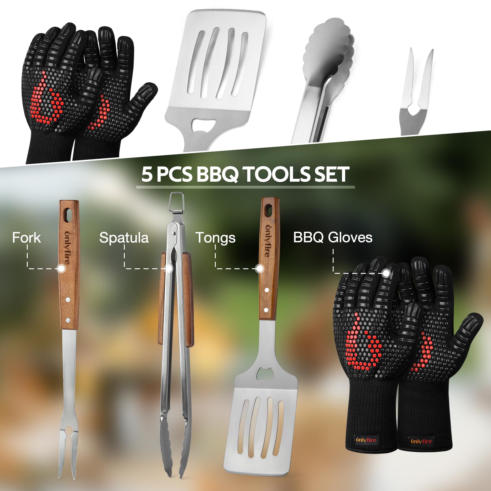 Onlyfire Set d'ustensiles de Barbecue 5 Pièces Acier Inoxydable Pince Spatule Fourchette Gants