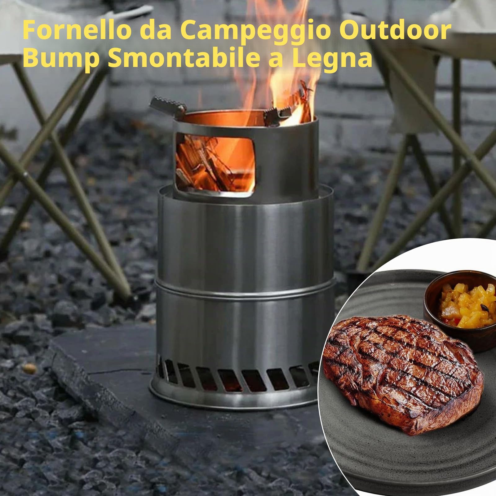 Stufa a legna portatile da campeggio con piastra a rete per barbecue, fornello Hobo in acciaio inox, borsa per il trasporto, pieghevole e antivento