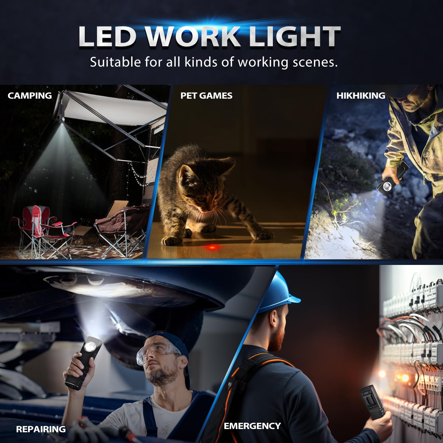 ULTRAFIRE Luce da lavoro a LED ricaricabile, 350 lumen, torcia tattica piatta a LED con fascio rosso, 3 modalità di utilizzo, con magnete e clip per lavoro, riparazione auto, emergenza
