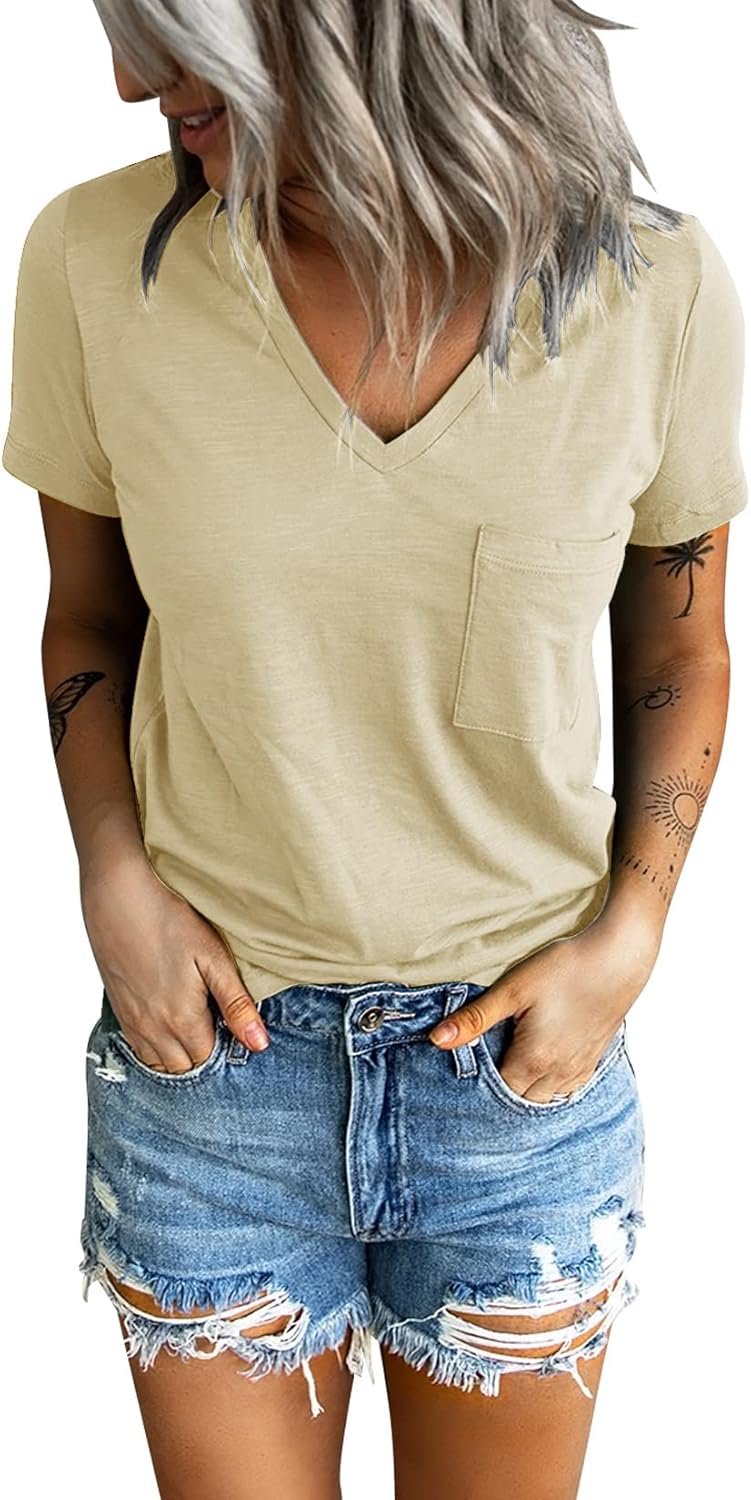 Sunborui Women's Summer Short Sleeve V Neck T Shirts Pocket Solid Loose Casual Tee Tops Small D-apricot