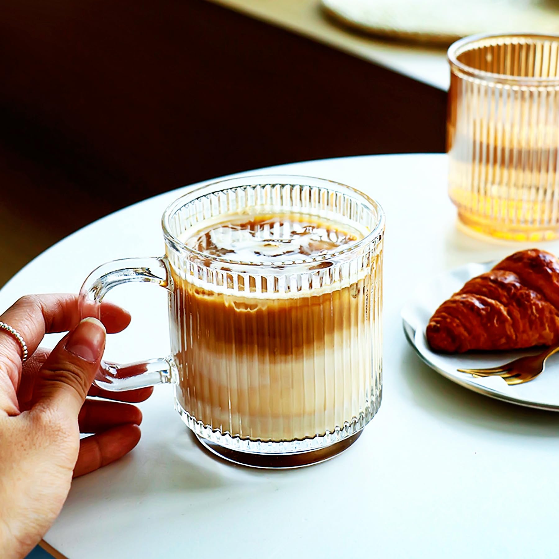 Lot de 6 tasses à café en verre de 355 ml avec poignées – Ensemble de tasses à thé classiques à rayures verticales transparentes pour boissons chaudes/froides