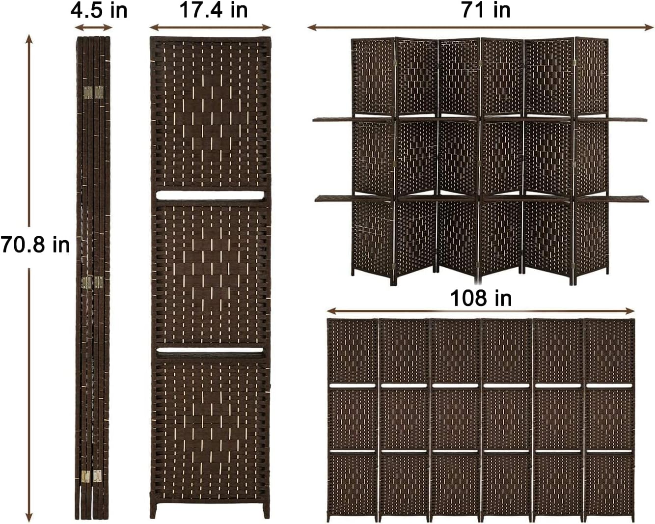 Esright Room Divider with Shelves, 6 Panel Room Divider, Folding Wall Dividers with Double Hinged for Room, Freestanding Room Separator, Coffee