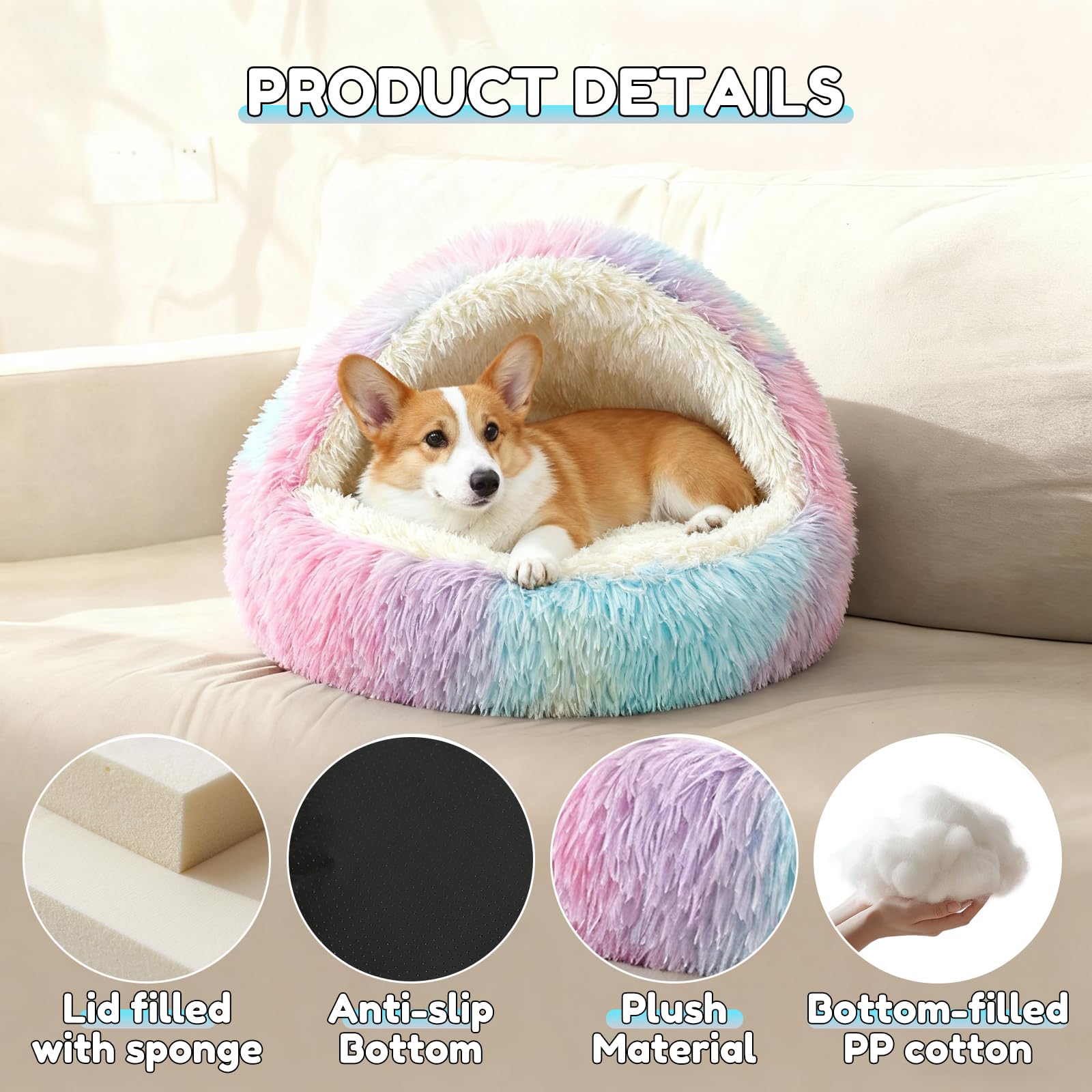 SUOXU Calming Small Dog Bed Large Cat Bed,Warm Cosy Plush Winter Indoor Dog Cave Bed,Anti Slip Bottom Machine Washable Anti-Anxiety Hooded Pet Sofa for Cats Dogs Under 10 kg (Multi-colored_65CM) - Image 2