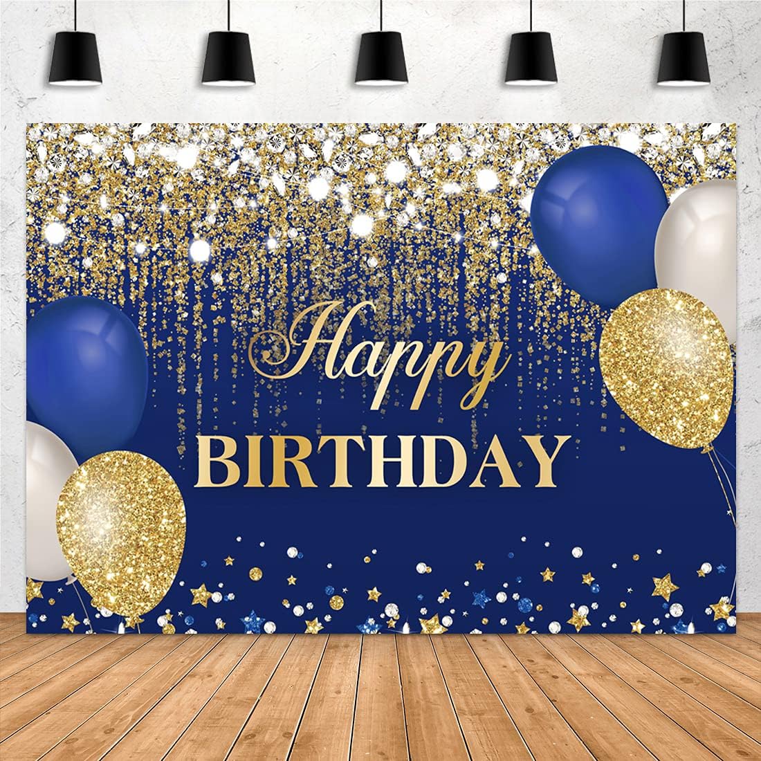 Aperturee Blue and Gold Happy Birthday Backdrop 7x5ft Glitter Golden Dots Diamonds Balloons Women Girls Sweet 16 Bday Photography Background Party