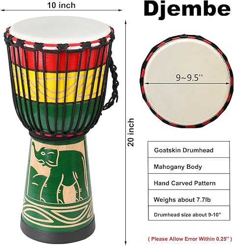 Miniatura 23 de LIEKE Djembe - Tambor africano de 10 x 20 pulgadas, cabeza de cabra caoba, pintado a mano, patrón pintado a mano, para adultos principiantes (azul)