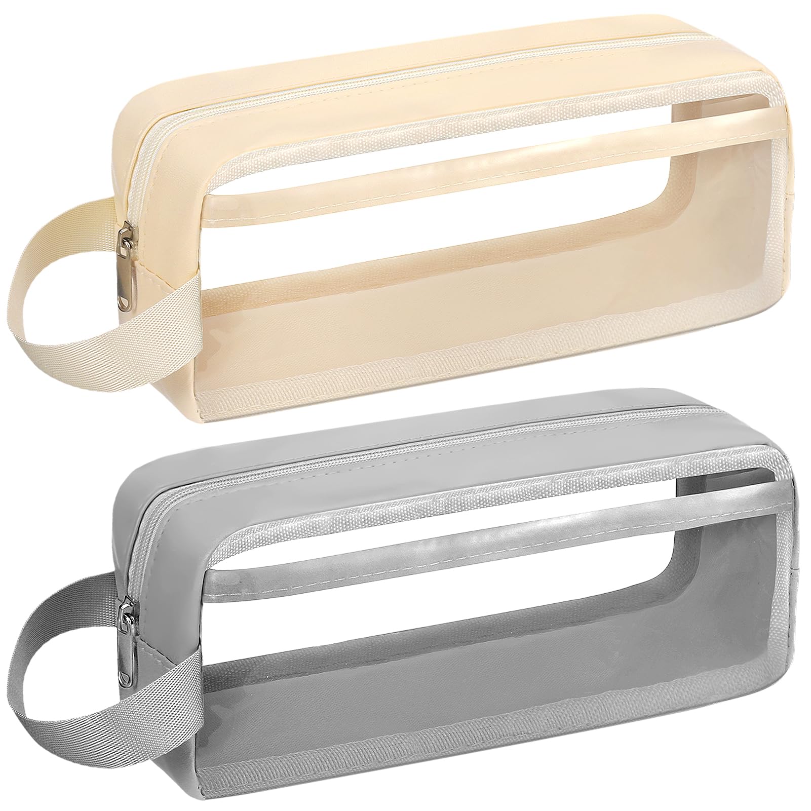 2 PCS Clear Pencil Cases, Pencil Case for Exams, Waterproof Pencil Pouch PVC Transparent Storage Bag for Stationery, Cosmetic, Makeup, Toiletries, 8.26×3.54×2.75 inches (Beige, Gray)