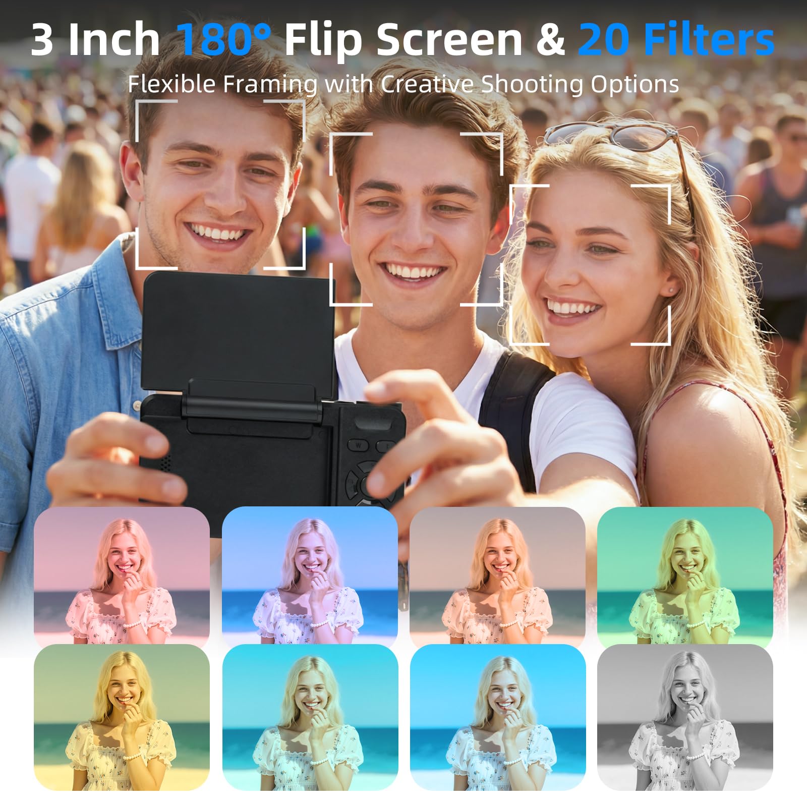 4K 64MP Digitalkamera mit Beauty Licht & Schönheitsmodus Autofokus Kamera Fotokamera Kompakte Vlogging Kamera 3 Zoll 180° Flip Bildschirm 18X Digitalzoom 20 Filter 32G Karte für Kinder Jugendliche
