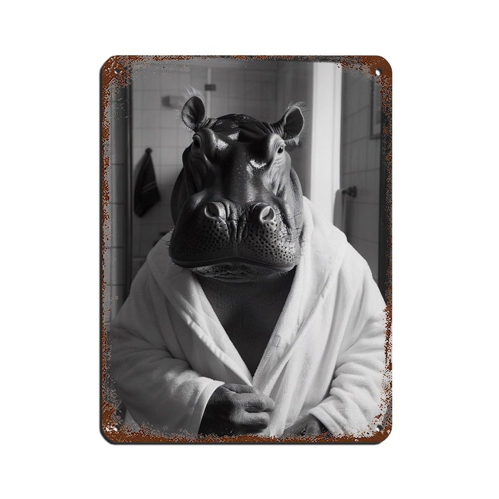 Hippo in A Bathrobe, Funny Bathroom Art (2) Retro Poster Metal Tin Sign Chic Art Retro Iron Painting Bar People Cave Cafe Family Garage Poster Wall Decoration 12x16inch(30x40cm)