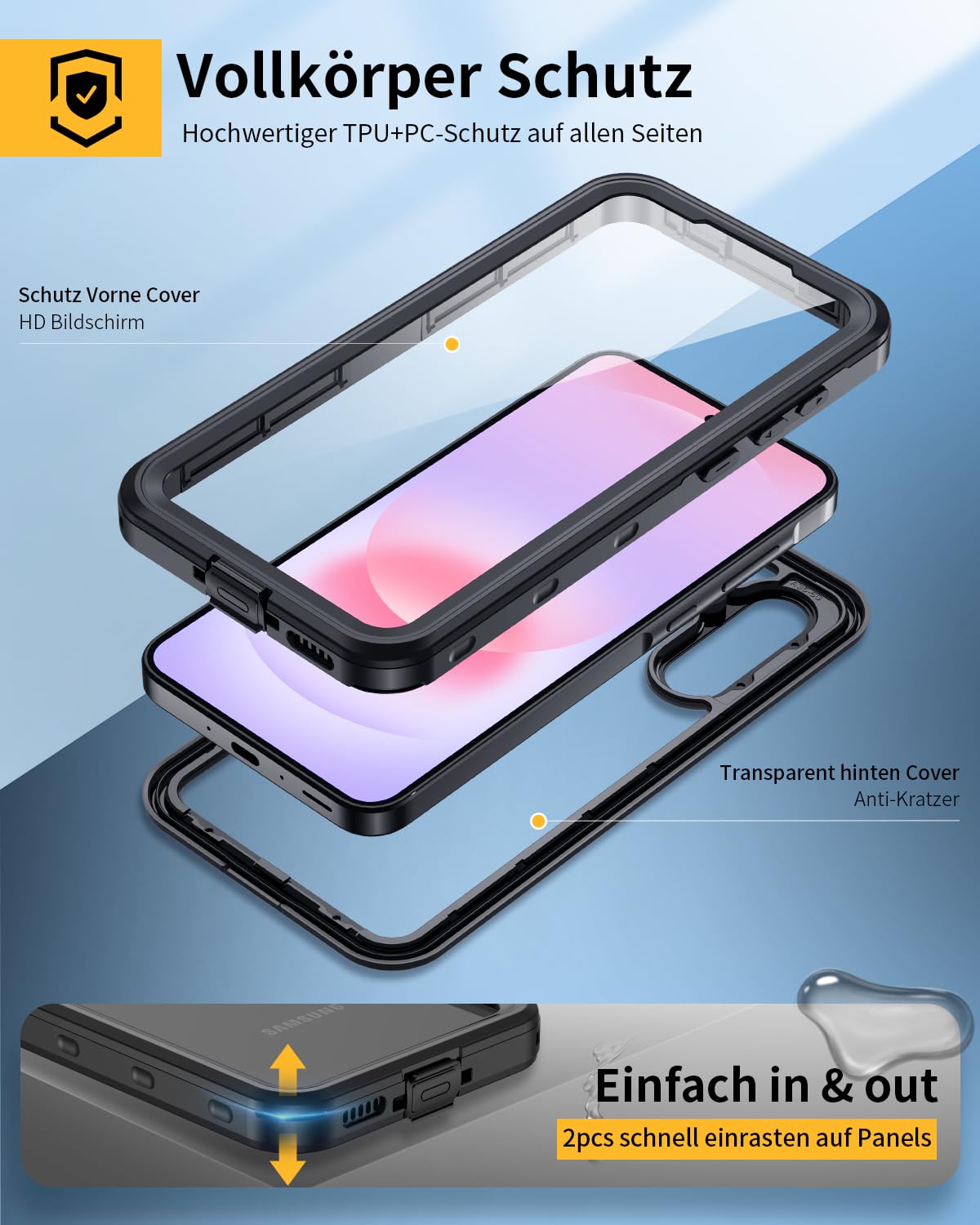 Lanhiem für Samsung Galaxy A37 5G Hülle, IP68 Wasserdicht Handyhülle Samsung A37 5G 360 Grad Stoßfest Staubdicht Outdoor Panzerhülle mit Eingebautem Displayschutz, Schwarz