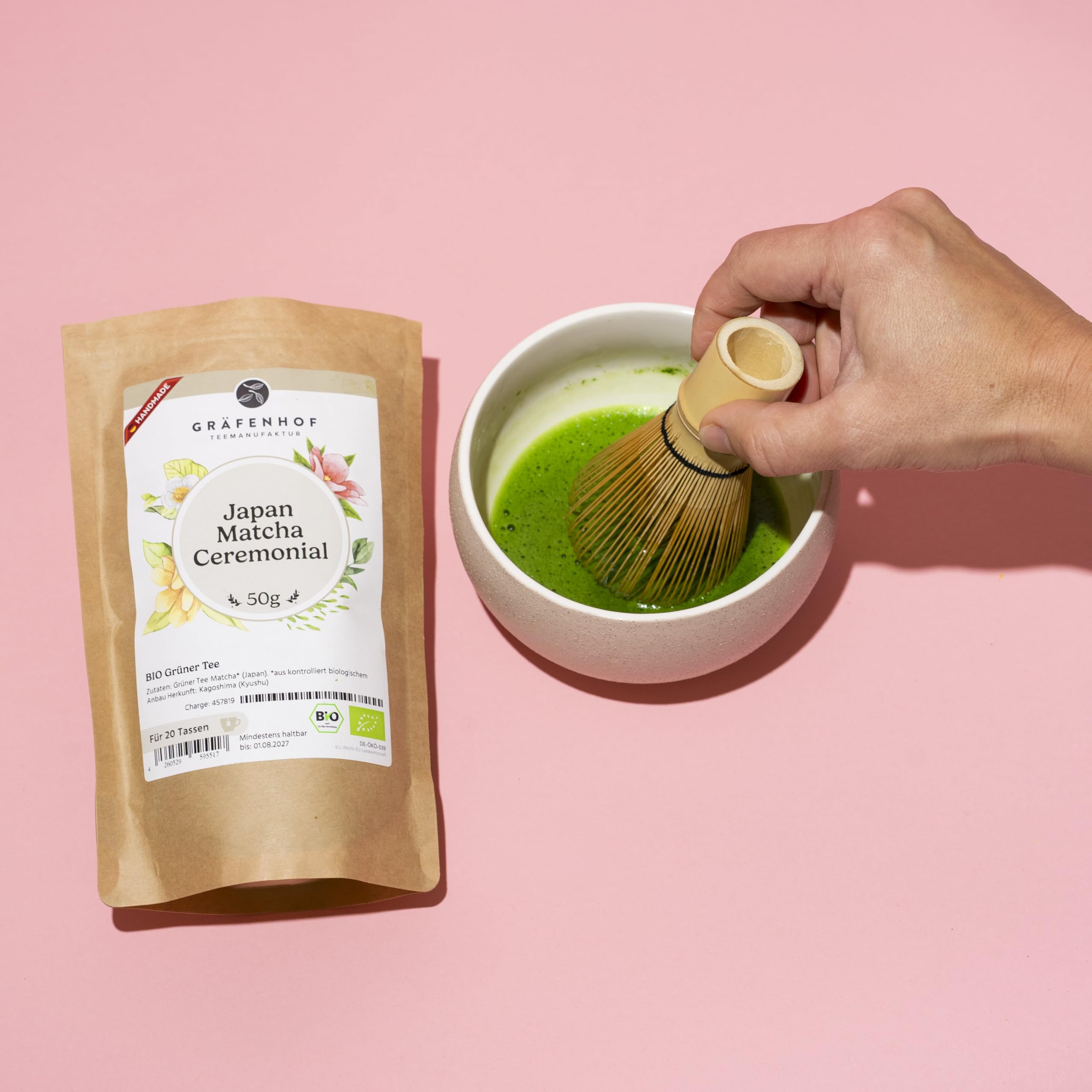 100% BIO Matcha Set mit Pulver I 6-teiliges Set & Zubehör I Schale mit Ausgießer in Keramik I Matcha Probierset I Tee Geschenk für Kenner & Einsteiger von Gräfenhof.