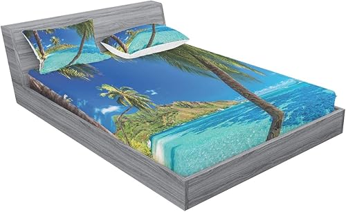 Miniatura 411 de Ambesonne Juego de sábanas bajeras y fundas de almohada con diseño de gato durmiendo en luna creciente, estrellas, sueños nocturnos, juego de ropa