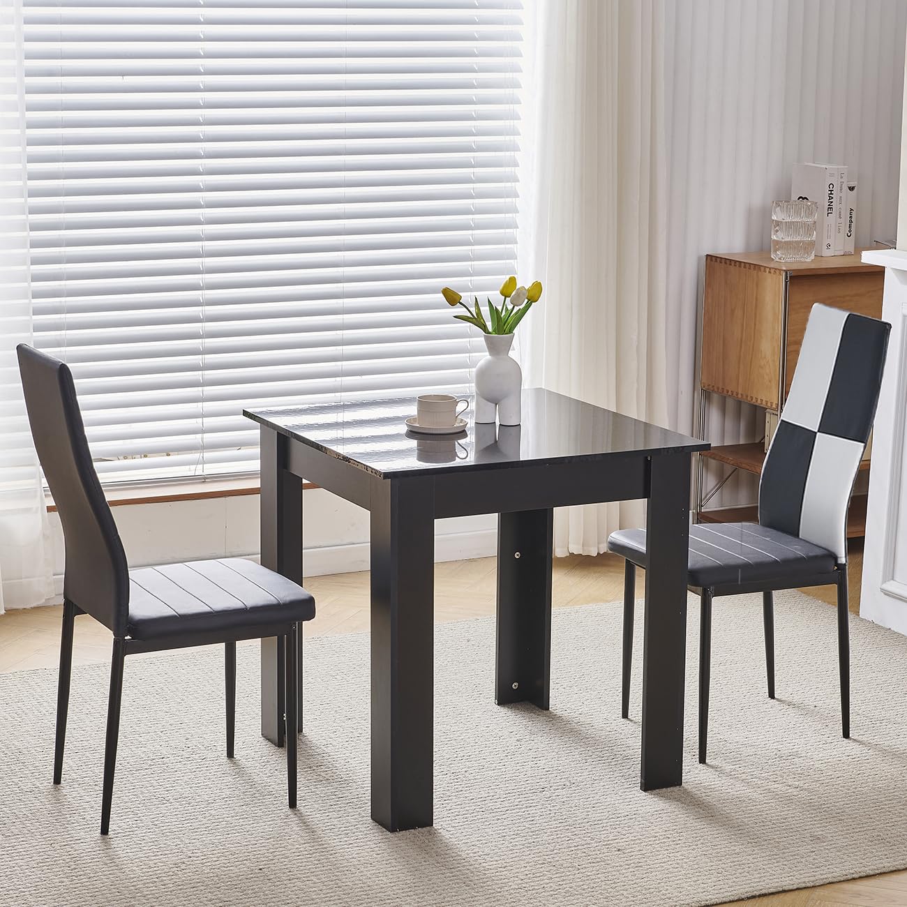75x75 cm Small Dining Table and 2 Chairs, 2 Seater Table and Chairs Set Kitchen Dining Room Set for 2, Compact, Space Saving, Wooden, Glossing Tabletop Black (2 Seats, Faux Leather Checkered)