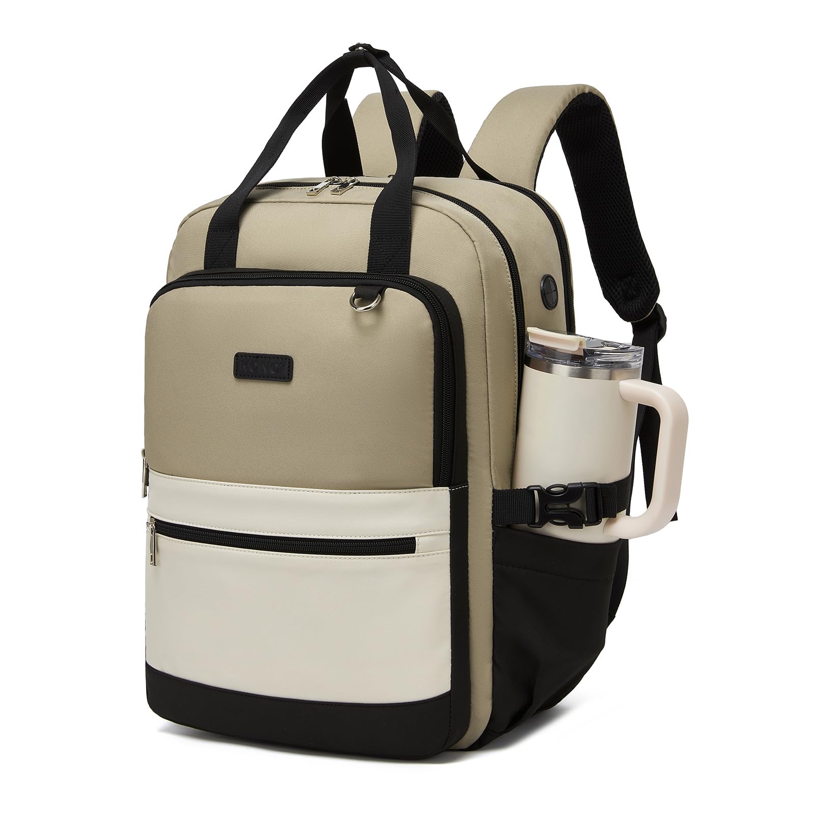 KONO Rucksack Damen 15,6 Zoll Laptop Rucksack Damen, Schulrucksack Elegant, Business Daypack mit vielen Fächern, 2 in 1 Rucksack & Handtasche mit Kabelöffnung für Uni Büro Reise (Khaki/Beige)