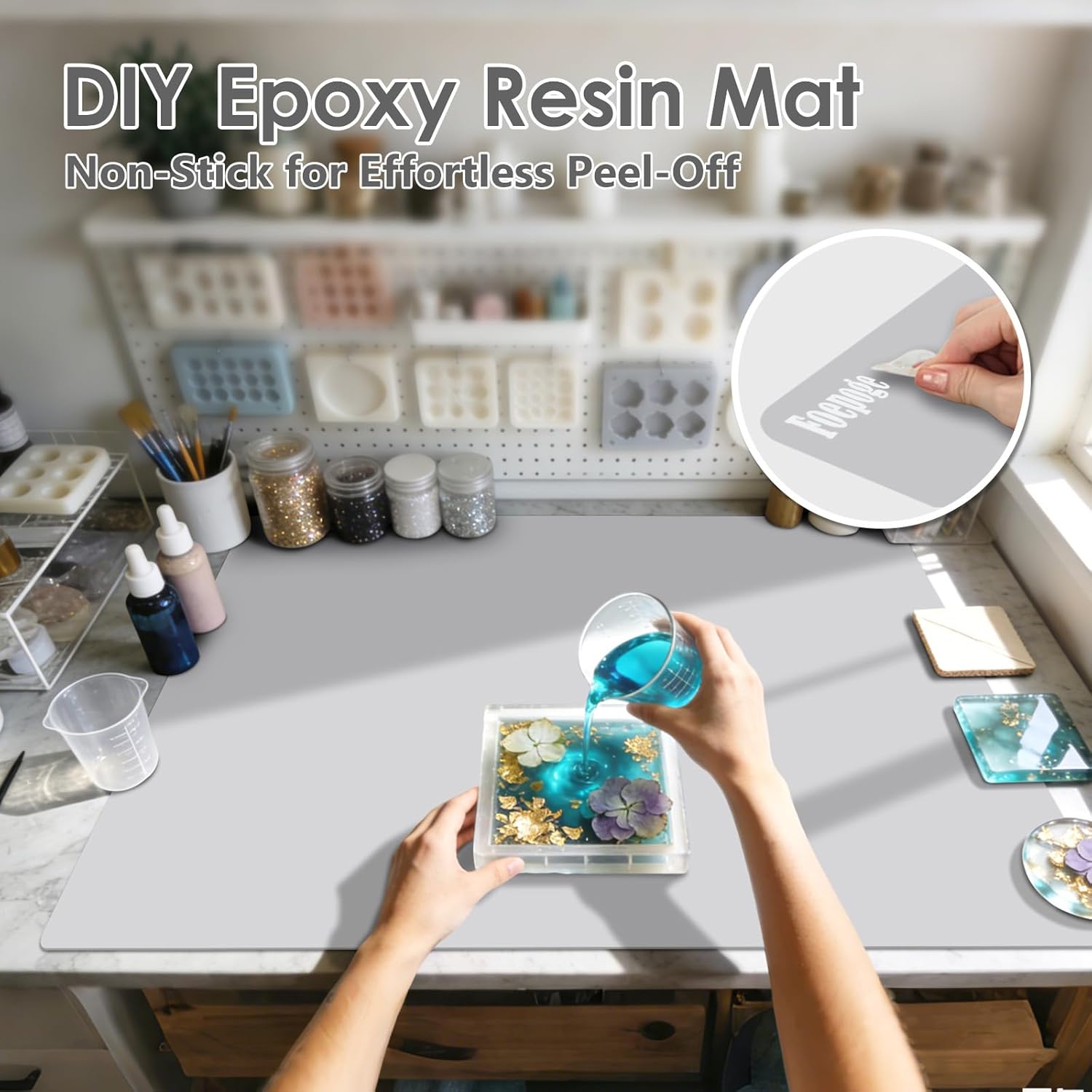 36.2" x 24" Extra Large Silicone Mat for Epoxy Resin, Nonstick Silicon Mats for Crafts Jewelry Casting, Non-Slip Kitchen Table Placemats for Countertop Protector Heat Resistant by Foepoge, Grey